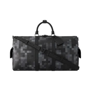LOUIS VUITTON KeepallBandoulière Damoflage Black Coated Canvas One Shoulder Crossbody Bag, Travel Bag Men's Black