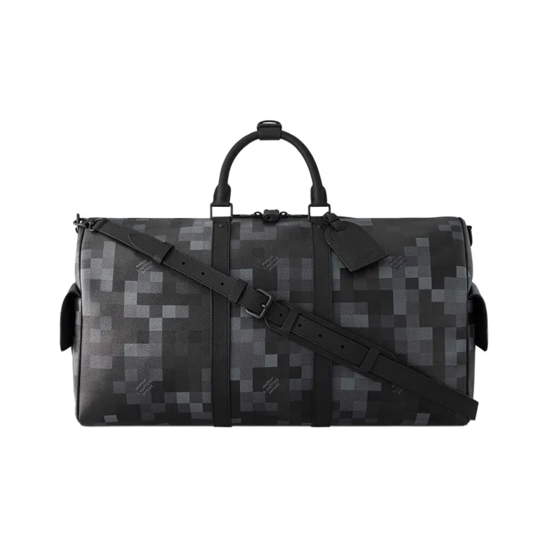 LOUIS VUITTON KeepallBandoulière Damoflage Black Coated Canvas One Shoulder Crossbody Bag, Travel Bag Men's Black-0