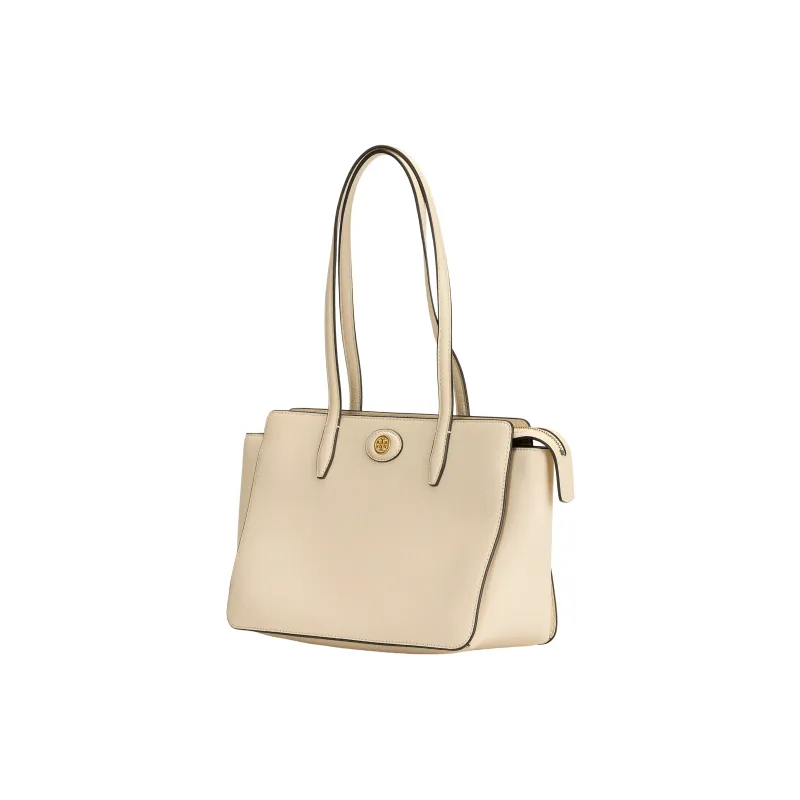 TORY BURCH Robinson Litchi Grain Leather Tote Bag, Shopping Bag, Handbag, Shoulder Bag Trumpets Women's Cream White-1
