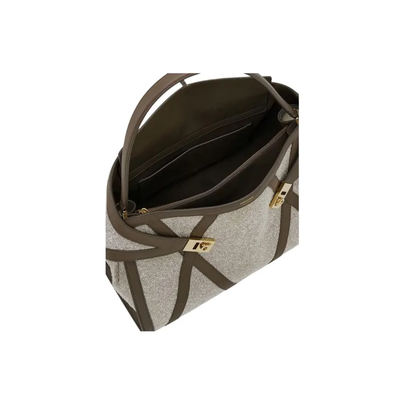 FERRAGAMO Hug Canvas With Leather One Shoulder Handbag Tubas Women's White & Black-2