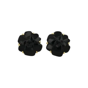 CHANEL 18kt Yellow Gold Camellia Onyx Clip on Earrings