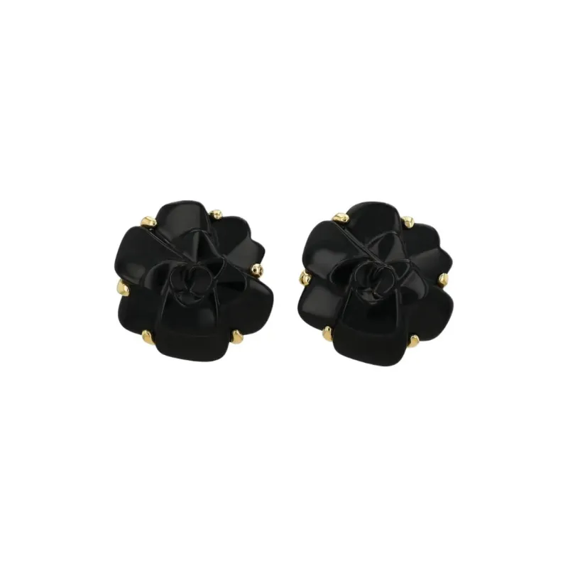 CHANEL 18kt Yellow Gold Camellia Onyx Clip on Earrings-0
