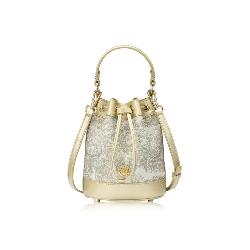 ROBERTA DI CAMERINO Fabric Bucket Handbag Women's Ecru Jacquard Gold Black Jacquard Ecru