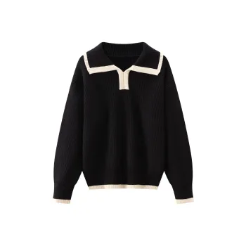 KUHNMARVIN Sweaters Women's Black, Relaxed Vintage Pullover Knitted Fabric Top/Lapel Long Sleeved Soft And Comfortable Knitwear/Korean Style Slimming Cropped Top