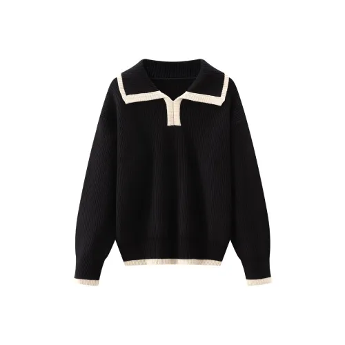 KUHNMARVIN Sweaters Women's Black, Relaxed Vintage Pullover Knitted Fabric Top/Lapel Long Sleeved Soft And Comfortable Knitwear/Korean Style Slimming Cropped Top
