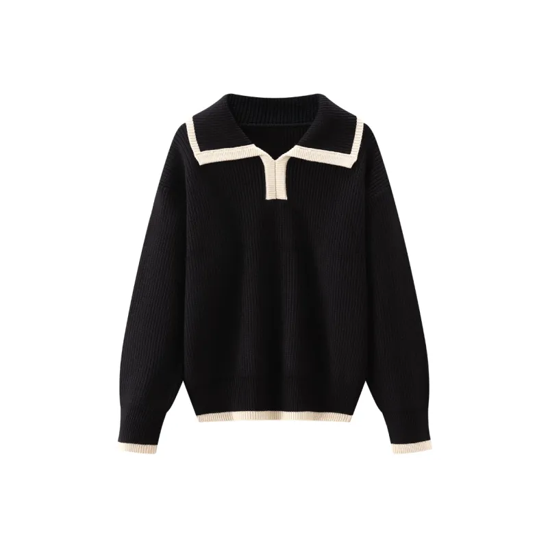 KUHNMARVIN Sweaters Women's Black, Relaxed Vintage Pullover Knitted Fabric Top/Collar Length Soft Knitwear/Korean Style Slimming Cropped Top-0