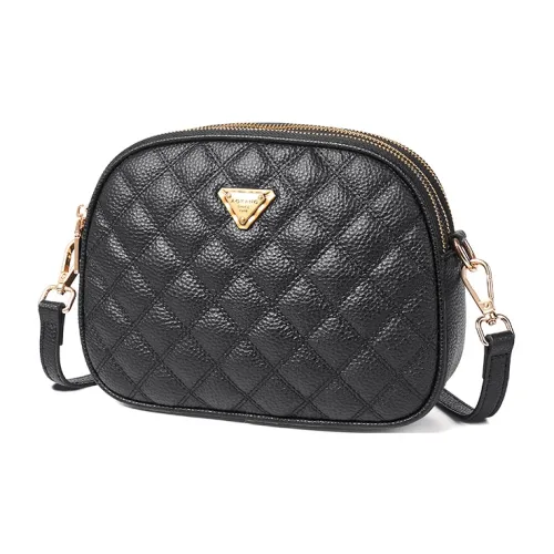 AOKANG Cow Leather Small Round Bag With Diamond Pattern, One Shoulder Crossbody Bag Regular Women's Classic Black/Ecru