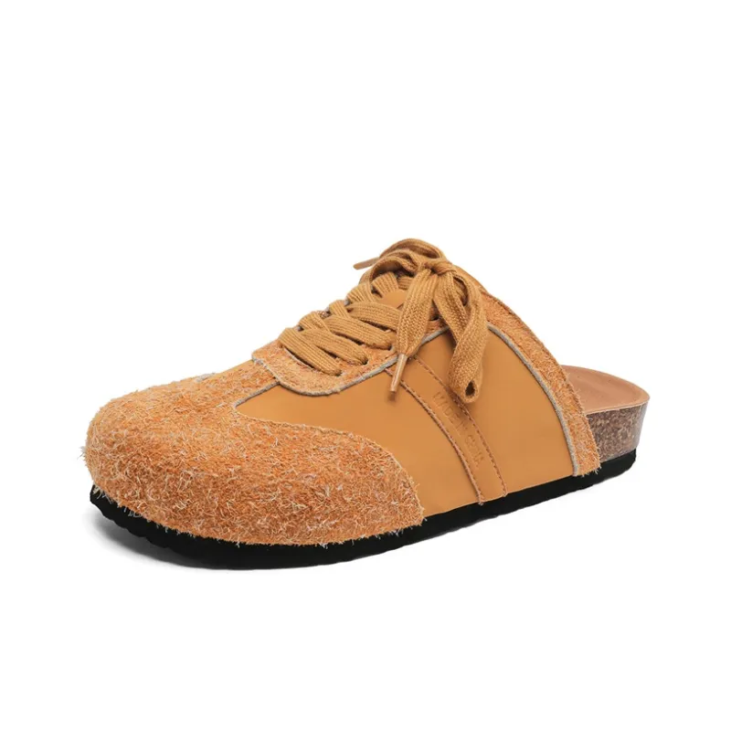 KYMOOU Cork Sole Fuzzy Stitching Leather Patchwork Quiet, Odor Resistant, Slip Resistant Closed Toe Slippers Unisex-7