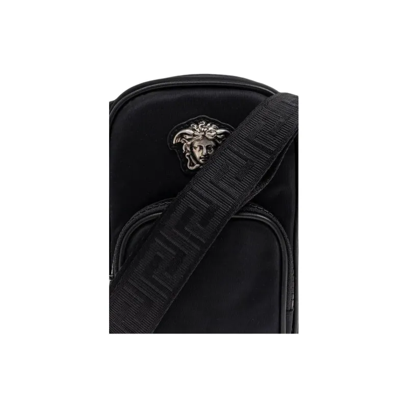 VERSACE Leather Shoulder Bag Trumpets Men's Black-3