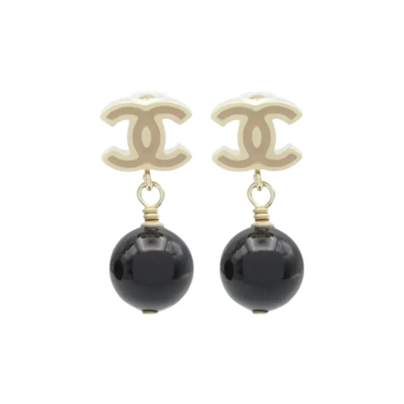 CHANEL Gold Plated Earrings Unisex Black-0