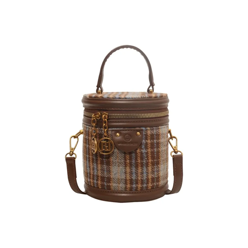 TOUTSEUL YOLO Woolen Bucket Bag Handbag Women's Brown Plaid/Gray Plaid-5