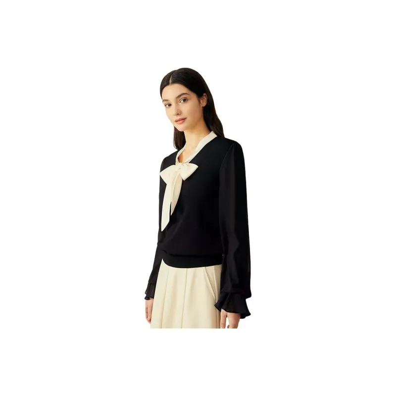 Yiner Knitwear Women's Black, Bowknot Ribbon Double Layer Sleeves-0