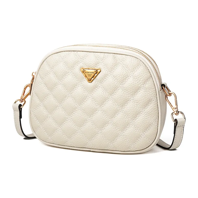 AOKANG Cow Leather Small Round Bag With Diamond Pattern, One Shoulder Crossbody Bag Regular Women's Classic Black/Ecru-4