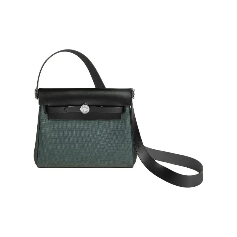 HERMES Herbag Zip Canvas With Hunter Cow Leather Crossbody Bag, Shoulder Bag Women's Marsh Green & Black-0