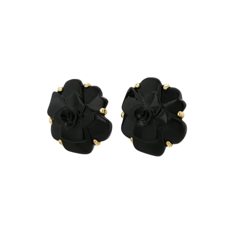 CHANEL 18kt Yellow Gold Camellia Onyx Clip on Earrings-3
