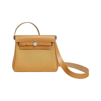 HERMES Herbag Zip Canvas With Hunter Cow Leather Crossbody Bag, Shoulder Bag Women's Light Tea Brown