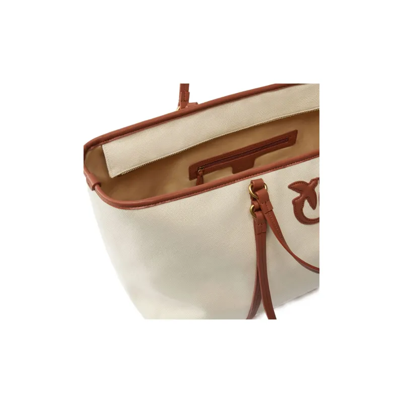 PINKO Love Birds Series Cotton Tote Bag, Shopping Bag, Handbag Women's Ivory White-3