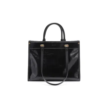 Simedin Cow Leather Tote Handbag Tubas Women's Deep Black