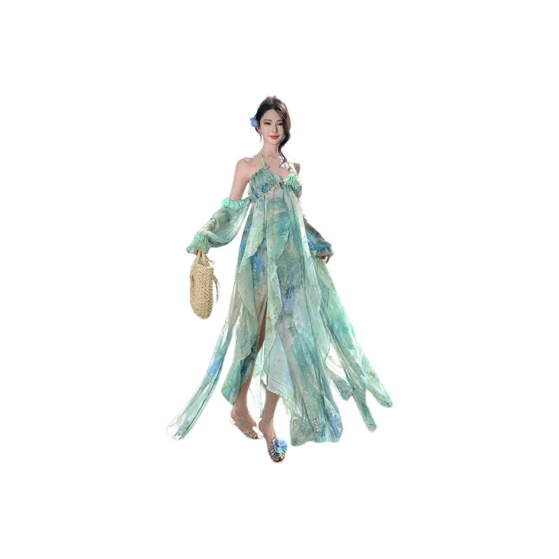 Dior Beauty Slip Dresses Women's Green Oil Paintings-2