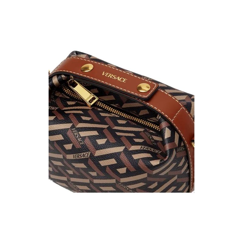 VERSACE La Greca Coated Canvas Handbag Mini Women's Black+Caramel-3