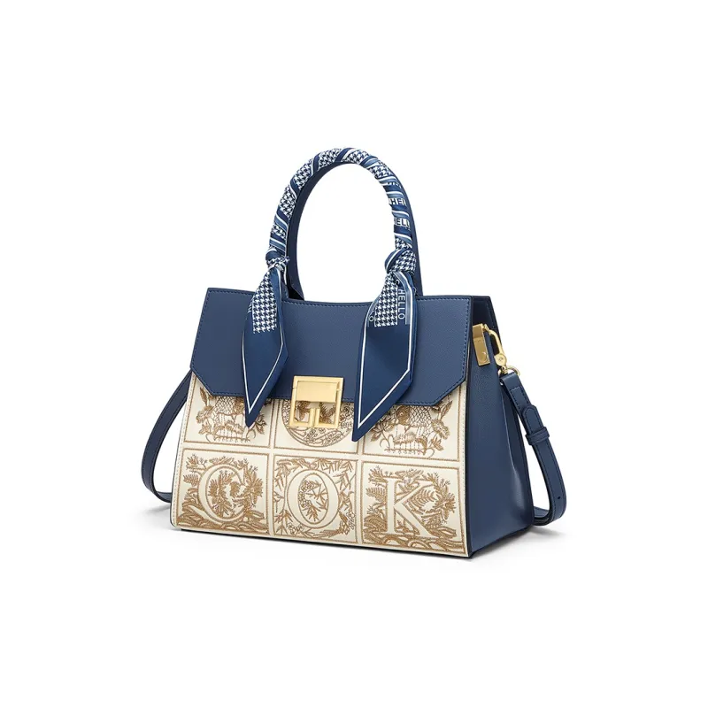 CNOLES Cow Leather Handbag, Shoulder Bag, Crossbody Bag Medium Size Women's Apricot Blue-1