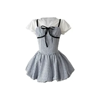 Manekniv Short Sleeved Dress Women's Blue Plaid