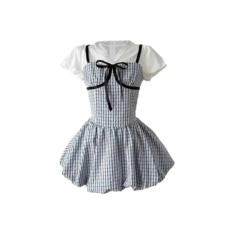 Manekniv Short Sleeved Dress Women's Blue Plaid-0