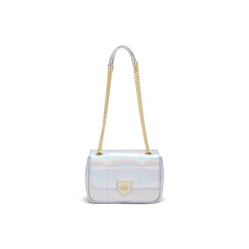 CNOLES Cow Leather Handbag, Shoulder Bag, Crossbody Bag, Small Square Bag Regular Women's Shimmering Silver