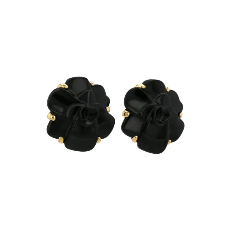 CHANEL 18kt Yellow Gold Camellia Onyx Clip on Earrings-1