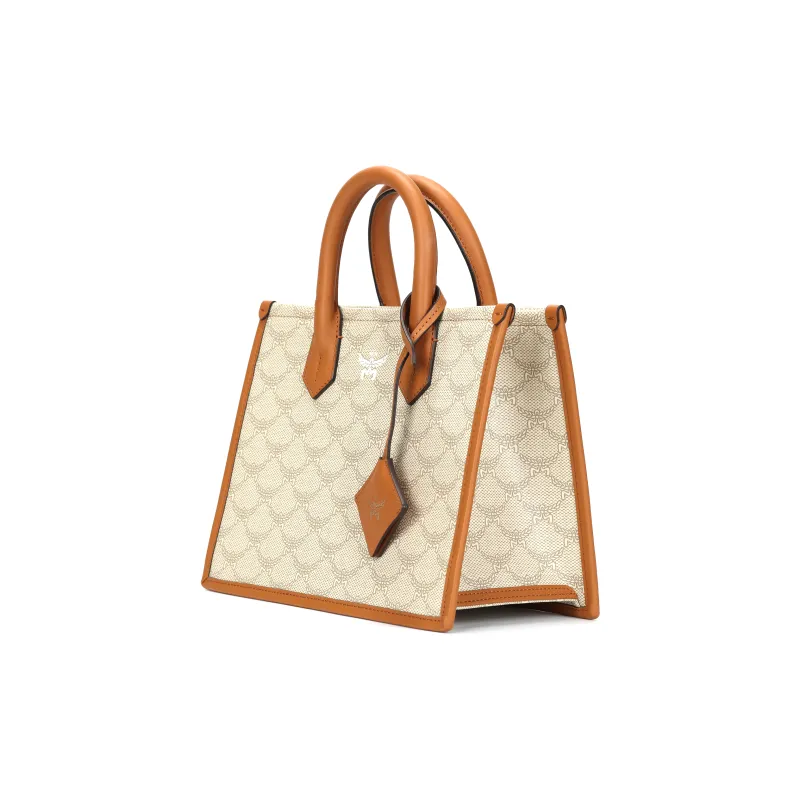 MCM Canvas With Leather Tote Bag, Shopping Bag, Shoulder Bag, Crossbody Bag, Handbag Trumpets Women's Beige-1