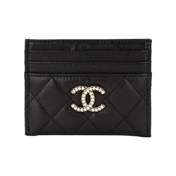 CHANEL Grain Cow Leather Card Holder Women's Black
