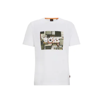 HUGO BOSS Cotton Jersey Regular Fit T Shirt With Seasonal Artwork T Shirt Men's White