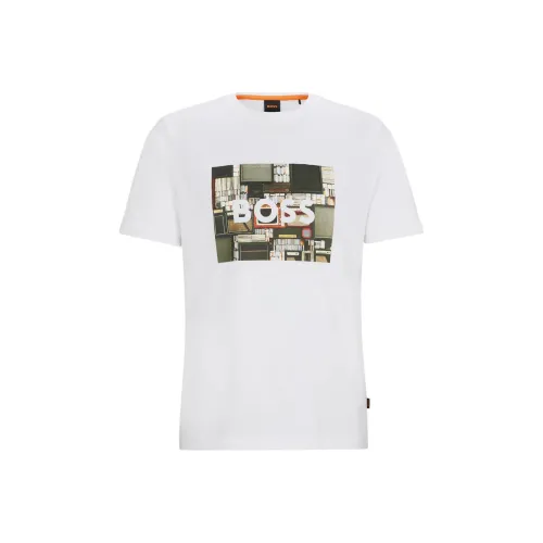 HUGO BOSS Cotton Jersey Regular Fit T Shirt With Seasonal Artwork T Shirt Men's White