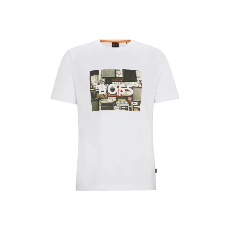 HUGO BOSS Cotton Jersey Regular Fit T Shirt With Seasonal Artwork T Shirt Men's White-0