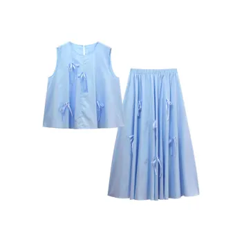 ZWTX STUDIO Skirt Set Women's Cream Blue