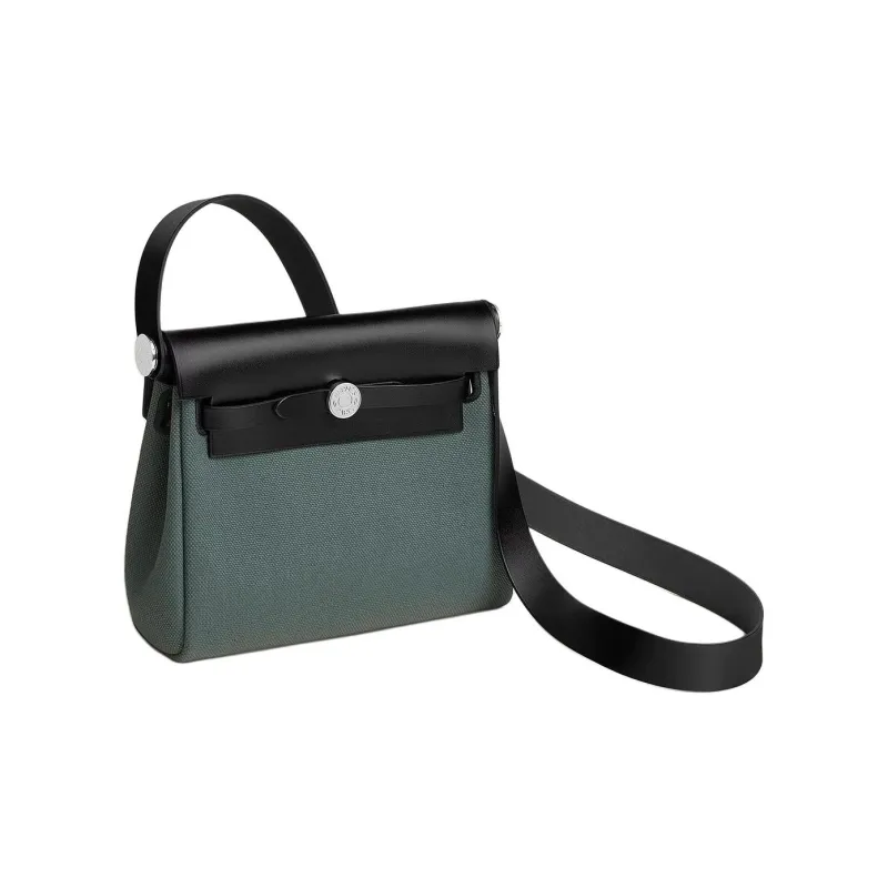 HERMES Herbag Zip Canvas With Hunter Cow Leather Crossbody Bag, Shoulder Bag Women's Marsh Green & Black-1