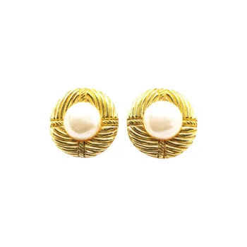 CHANEL 1970 1980 Plated Round Faux Pearl Clip On Earrings Costume Earrings
