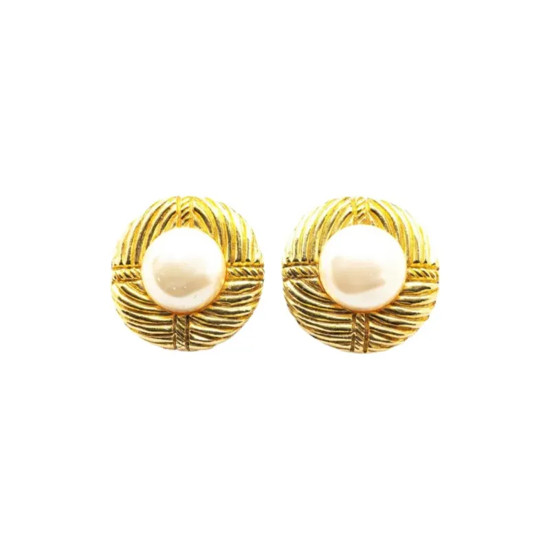 CHANEL 1970 1980 Plated Round Faux Pearl Clip On Earrings Costume Earrings-0