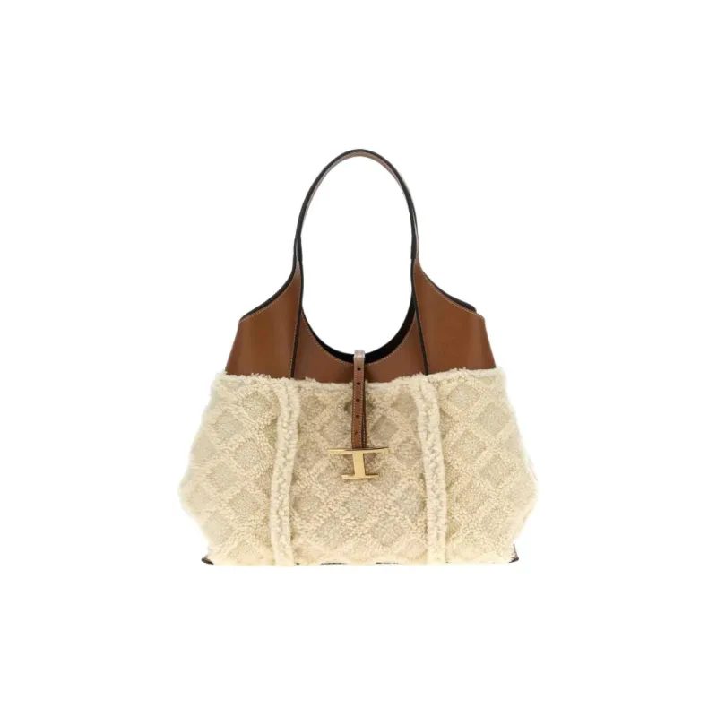 TOD'S T Timeless Sheepskin Handbag Medium Size Women's Brown & White-0