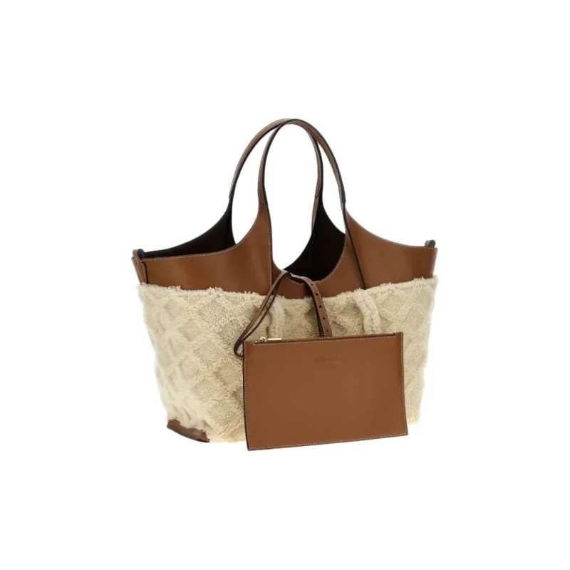 TOD'S T Timeless Sheepskin Handbag Medium Size Women's Brown & White-1