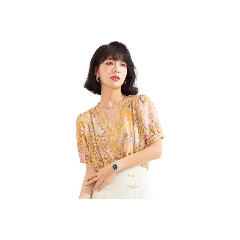 IVENI Chiffon Shirts Women's Yellow Flower-0