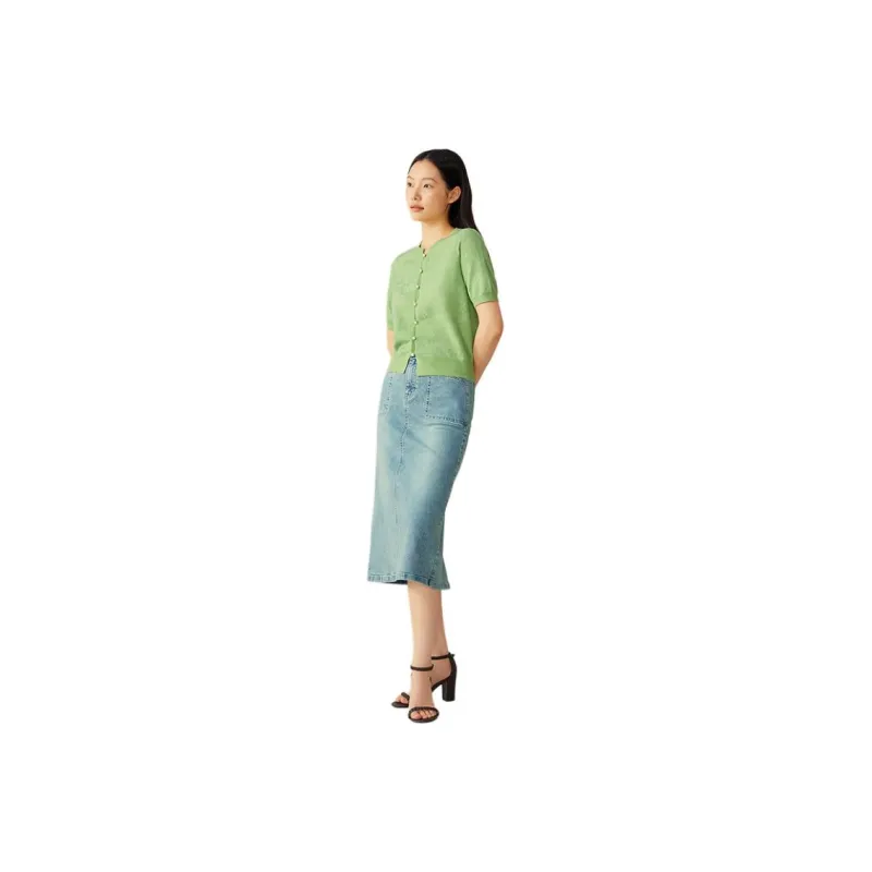 Yiner Denim Long Skirts Women's Light Blue-0