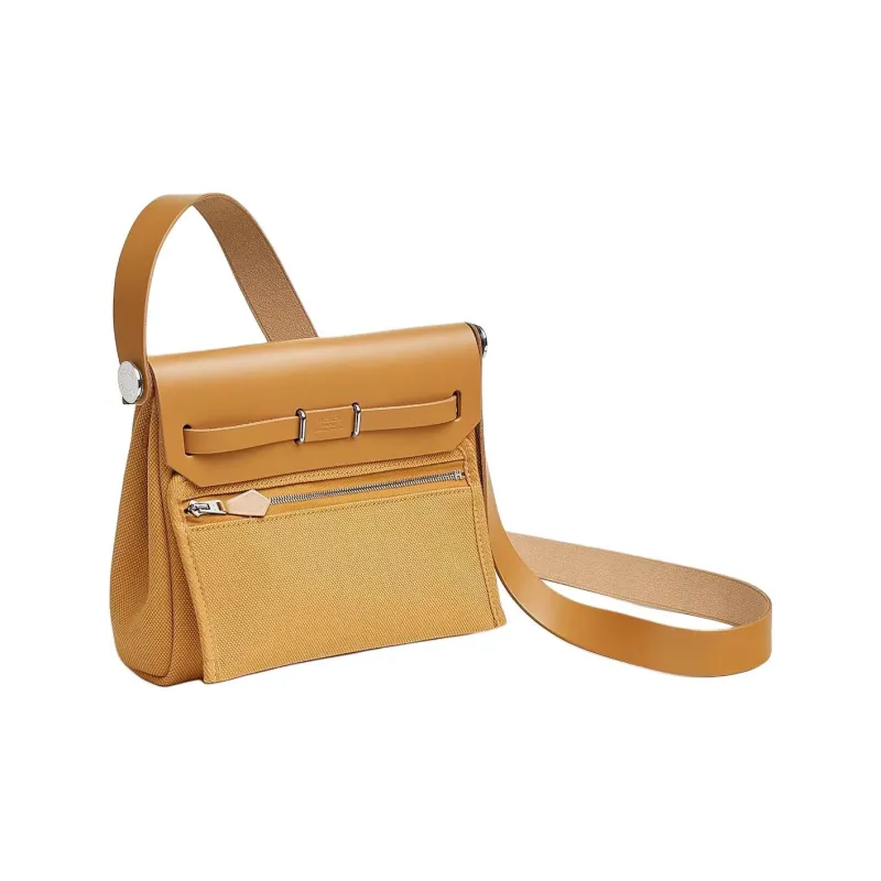 HERMES Herbag Zip Canvas With Hunter Cow Leather Crossbody Bag, Shoulder Bag Women's Light Tea Brown-2