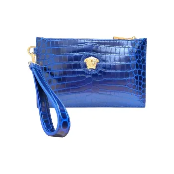 VERSACE Cow Leather Clutch Men's Blue