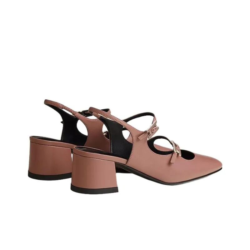 HERMES Jackie Chunky Heel High Heels 5cm Women's Light Pink-3