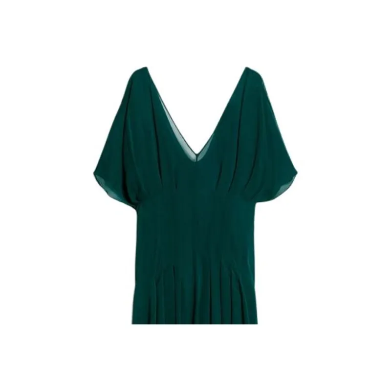 MaxMara Studio Murge Collection Long Silk Georgette Dress Short Sleeved Dresses Women's Dark Green-4