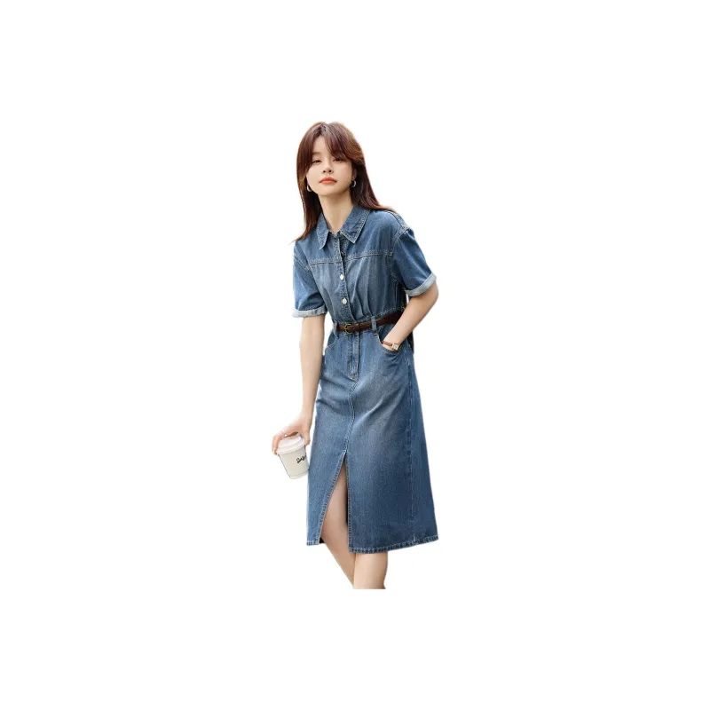 Mo Han Yi Mei Short Sleeved Dress Women's Denim Blue-0