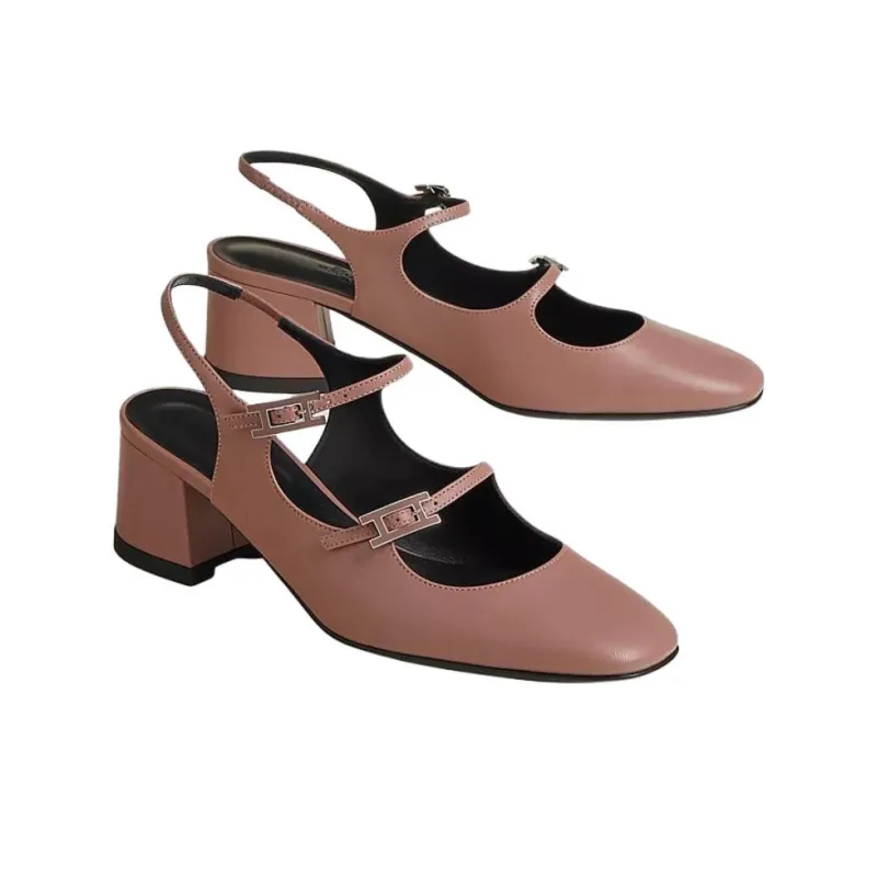 HERMES Jackie Chunky Heel High Heels 5cm Women's Light Pink-2