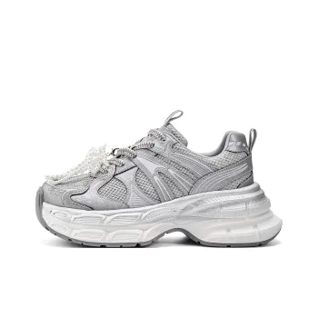 EXULL Q Slip Resistant, Breathable, Lightweight, Height Increasing Low Top Chunky Sneakers Women's White Silver