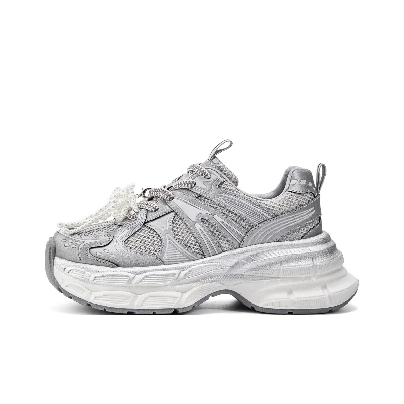 EXULL Q Slip Resistant, Breathable, Lightweight, Height Increasing Low Top Chunky Sneakers Women's White Silver-0